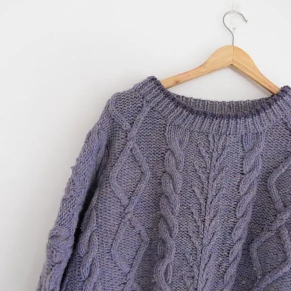 Handmade Wool Purple Lavender Cable Knit Winter 3D Pattern Crewneck Sweater 2XL