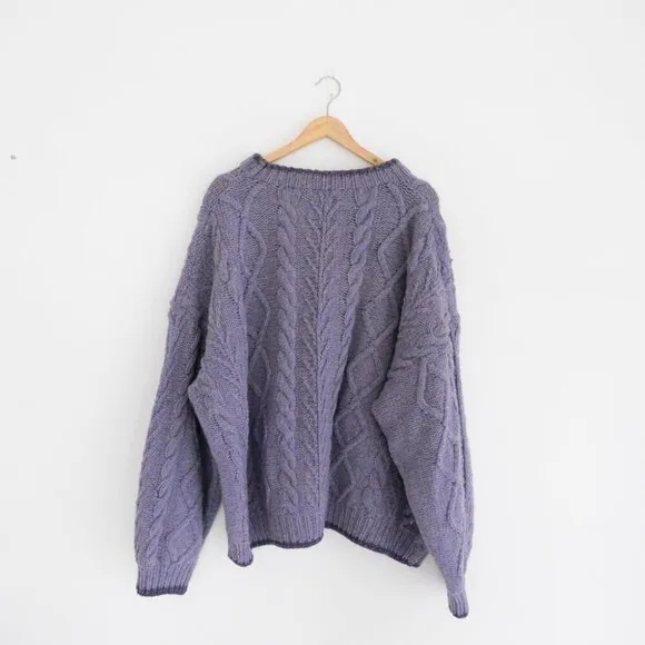 Handmade Wool Purple Lavender Cable Knit Winter 3D Pattern Crewneck Sweater 2XL