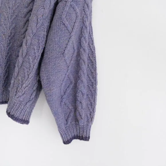 Handmade Wool Purple Lavender Cable Knit Winter 3D Pattern Crewneck Sweater 2XL