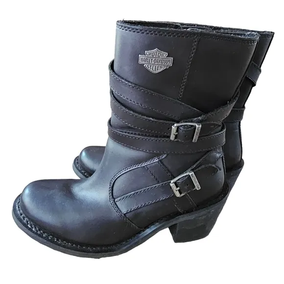 Harley Davidson Heights Black Leather Motorcycle Boots Women's, Metal, Size 8.5