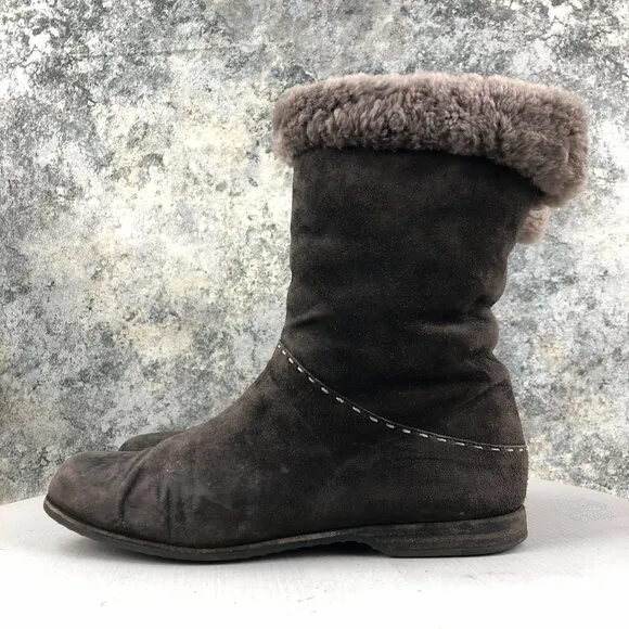 Henry Barneys NY Women's Size 8** Brown Leather Fur Cuffed Winter Mid Calf Boots