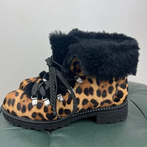 J. Crew Nordic Leopard Print Sherpa Lined Calf Hair Hiking Boots Womens Size: 7