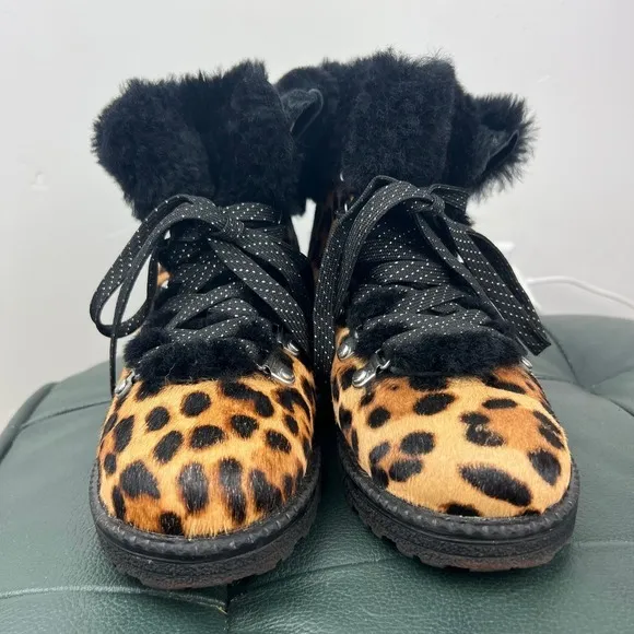 J. Crew Nordic Leopard Print Sherpa Lined Calf Hair Hiking Boots Womens Size: 7