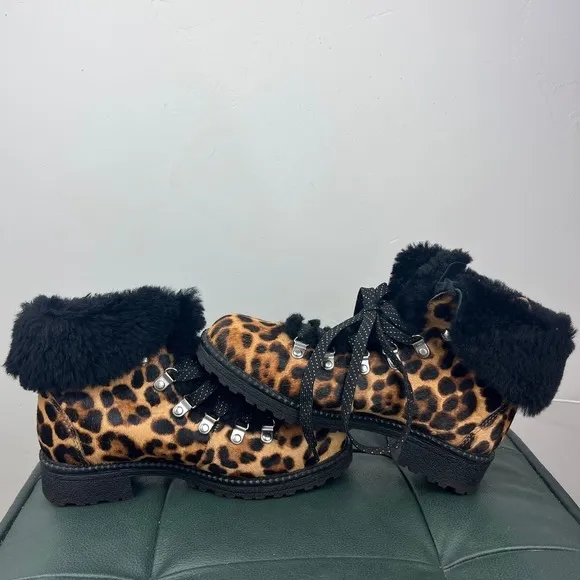 J. Crew Nordic Leopard Print Sherpa Lined Calf Hair Hiking Boots Womens Size: 7