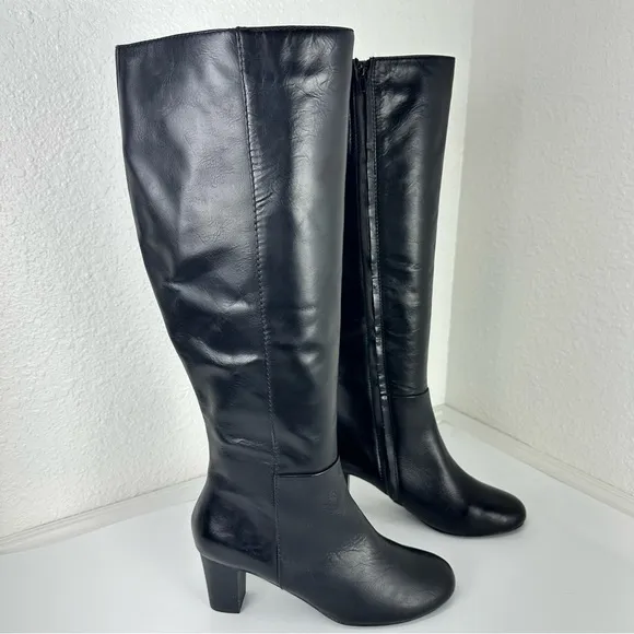 J. Jill Black Leather Riding Knee High Equestrian Heeled Boots Sz 9 side zipper