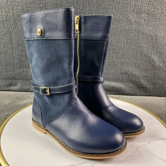 Janie &amp; Jack Navy Leather Suede Riding Boots Kid's Size 13 Equestrian Gold Zippe
