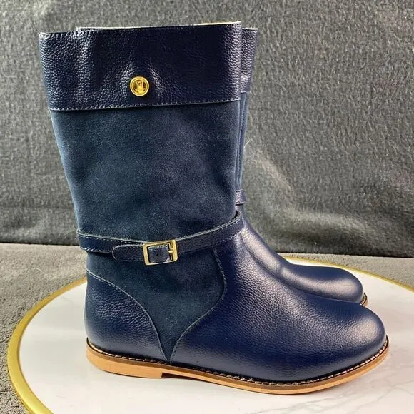 Janie &amp; Jack Navy Leather Suede Riding Boots Kid's Size 13 Equestrian Gold Zippe