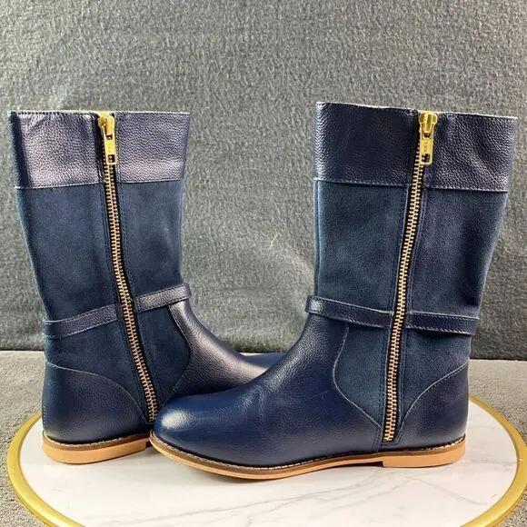 Janie &amp; Jack Navy Leather Suede Riding Boots Kid's Size 13 Equestrian Gold Zippe