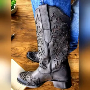 JB Dillon Black Leather Sparkle Distressed Inlay Western Cowboy Cowgirl Boots 10