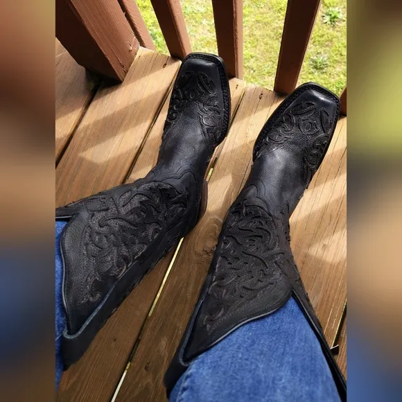 JB Dillon Black Leather Sparkle Distressed Inlay Western Cowboy Cowgirl Boots 10