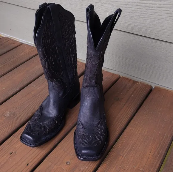 JB Dillon Black Leather Sparkle Distressed Inlay Western Cowboy Cowgirl Boots 10