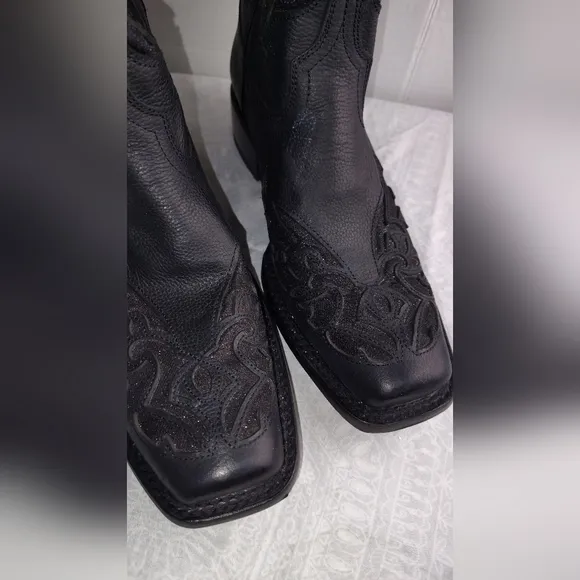 JB Dillon Black Leather Sparkle Distressed Inlay Western Cowboy Cowgirl Boots 10
