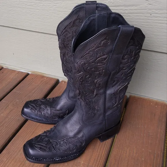 JB Dillon Black Leather Sparkle Distressed Inlay Western Cowboy Cowgirl Boots 10