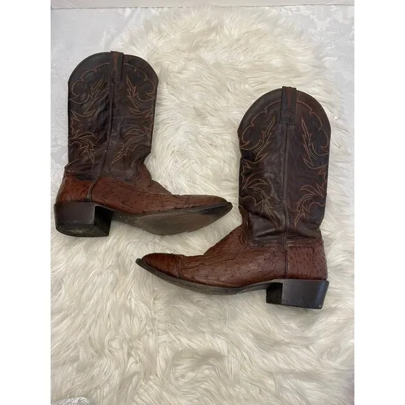 J.B. Dillon Brown Leather Ostrich Cowboy Boots‎ USA Size 10.5 D Made In Mexico
