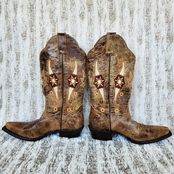J.B. Dillon Distressed Leather Western Cowboy Boots Tan Floral | Women's Size 5B
