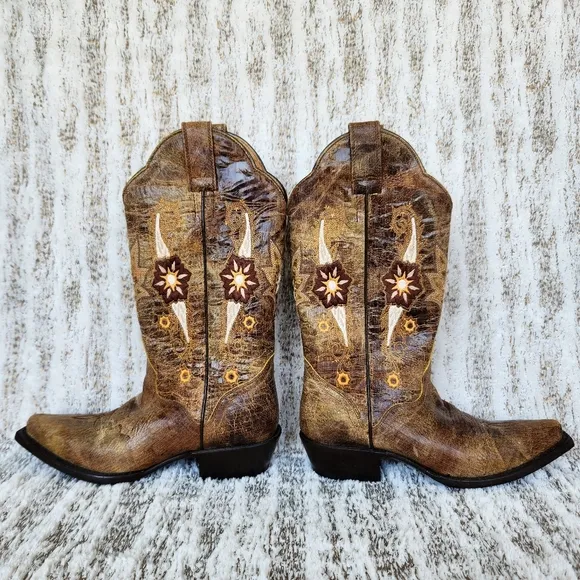 J.B. Dillon Distressed Leather Western Cowboy Boots Tan Floral | Women's Size 5B