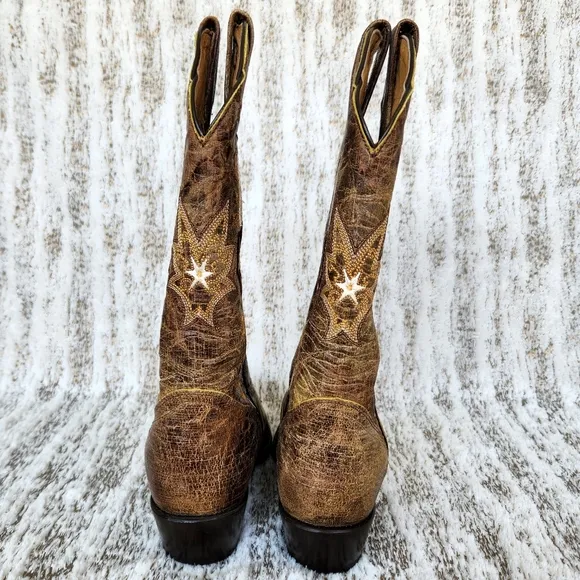 J.B. Dillon Distressed Leather Western Cowboy Boots Tan Floral | Women's Size 5B