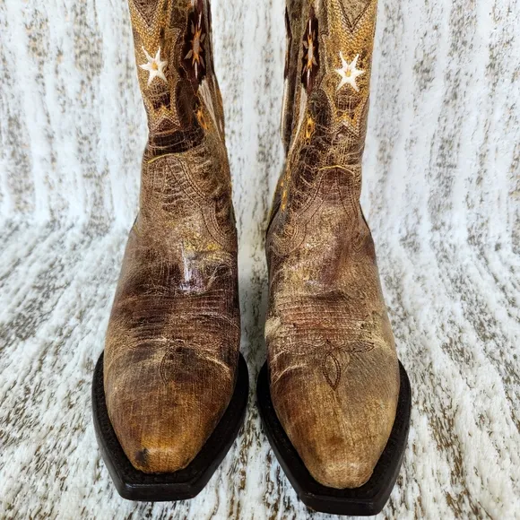 J.B. Dillon Distressed Leather Western Cowboy Boots Tan Floral | Women's Size 5B