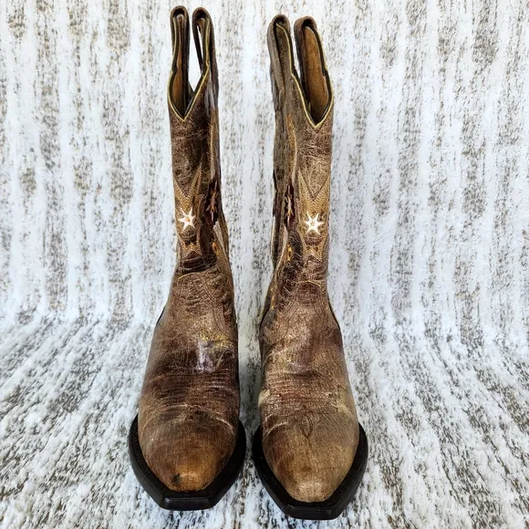 J.B. Dillon Distressed Leather Western Cowboy Boots Tan Floral | Women's Size 5B