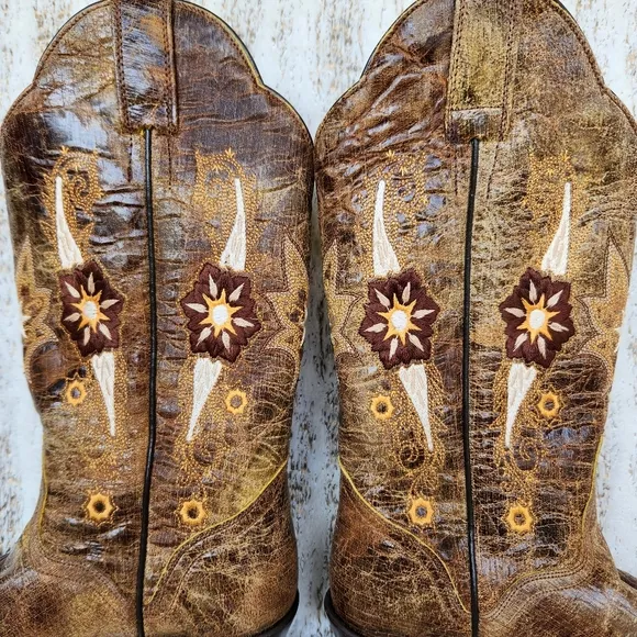 J.B. Dillon Distressed Leather Western Cowboy Boots Tan Floral | Women's Size 5B