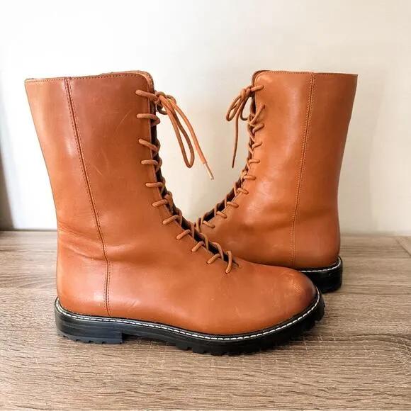 J.Crew Gwen Lug Sole Lace Up Cognac Leather Boots | Fall Winter | Gorpcore | 7