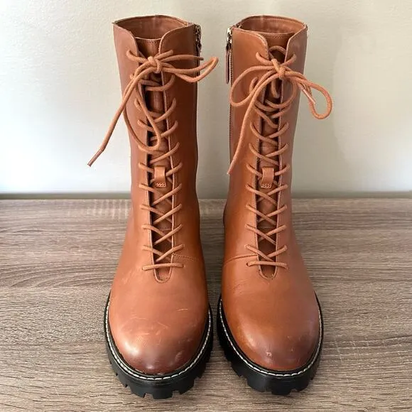 J.Crew Gwen Lug Sole Lace Up Cognac Leather Boots | Fall Winter | Gorpcore | 7