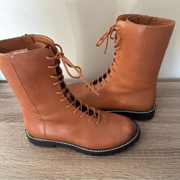 J.Crew Gwen Lug Sole Lace Up Cognac Leather Boots | Fall Winter | Gorpcore | 7