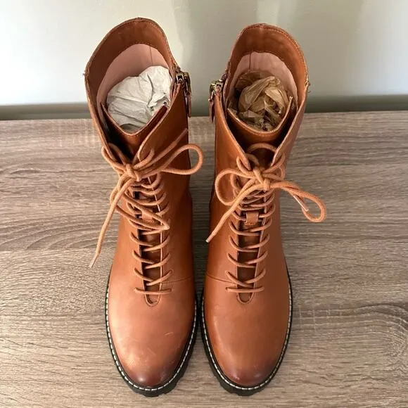 J.Crew Gwen Lug Sole Lace Up Cognac Leather Boots | Fall Winter | Gorpcore | 7