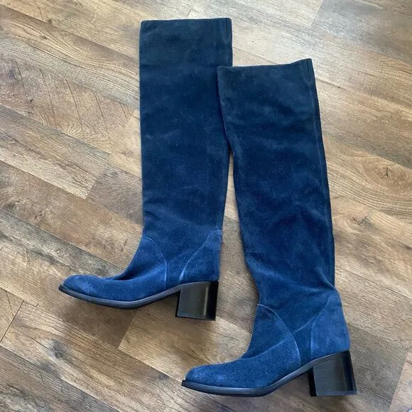Jeffrey Campbell Boots Tall Over the Knee Suede Blue Riding Block Heel Heeled