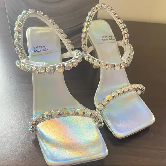 Jeffrey Campbell Silver Rhinestone Sparkle Strappy Heel Size 7.5 Anthropologie