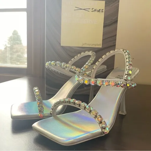 Jeffrey Campbell Silver Rhinestone Sparkle Strappy Heel Size 7.5 Anthropologie