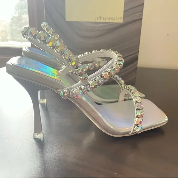 Jeffrey Campbell Silver Rhinestone Sparkle Strappy Heel Size 7.5 Anthropologie