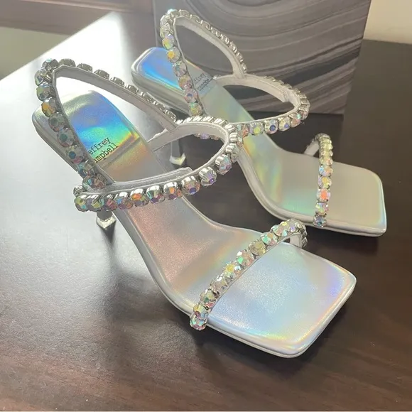 Jeffrey Campbell Silver Rhinestone Sparkle Strappy Heel Size 7.5 Anthropologie