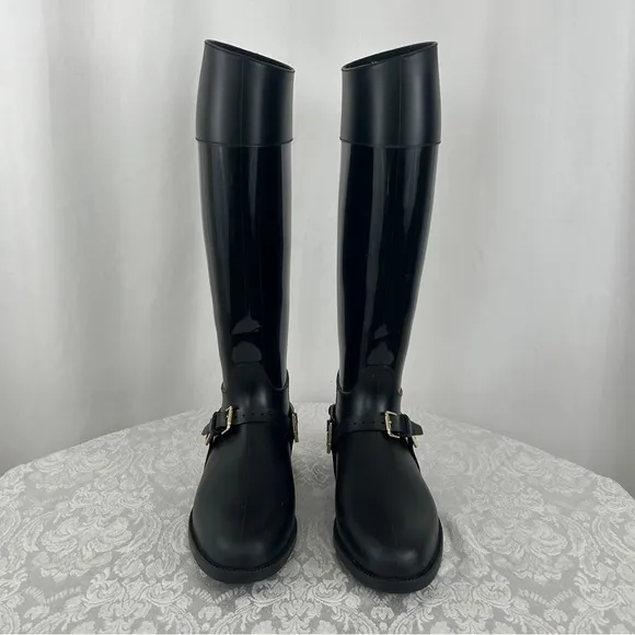 Jimmy Choo Black Equestrian Style Rain Boots with Good Detailing