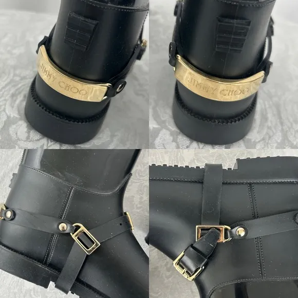 Jimmy Choo Black Equestrian Style Rain Boots with Good Detailing