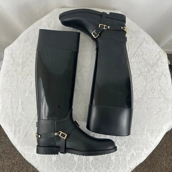 Jimmy Choo Black Equestrian Style Rain Boots with Good Detailing