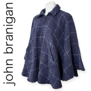 John Branigan Weavers Ireland Poncho Cape Jacket Blue Plaid Wool Tweed Boucle OS