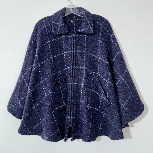 John Branigan Weavers Ireland Poncho Cape Jacket Blue Plaid Wool Tweed Boucle OS