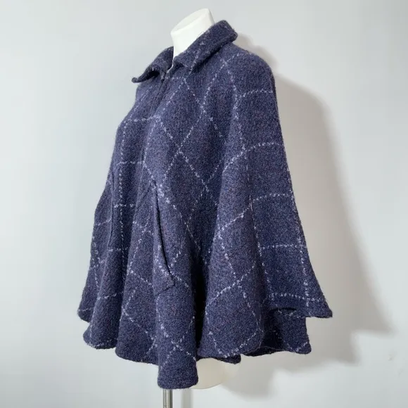 John Branigan Weavers Ireland Poncho Cape Jacket Blue Plaid Wool Tweed Boucle OS