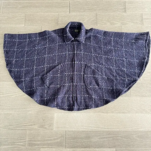 John Branigan Weavers Ireland Poncho Cape Jacket Blue Plaid Wool Tweed Boucle OS