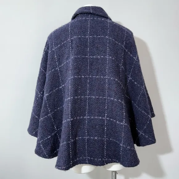 John Branigan Weavers Ireland Poncho Cape Jacket Blue Plaid Wool Tweed Boucle OS