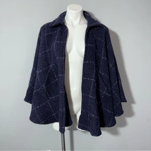 John Branigan Weavers Ireland Poncho Cape Jacket Blue Plaid Wool Tweed Boucle OS