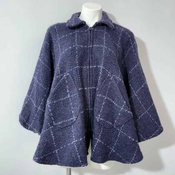 John Branigan Weavers Ireland Poncho Cape Jacket Blue Plaid Wool Tweed Boucle OS