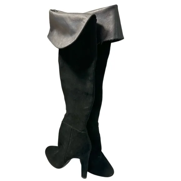 Joie Bentlee Genuine Suede Leather Heel Over The Knee Boots Sz 7 Black Retro