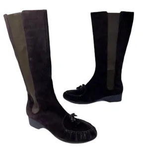 Joy Chen Womens Riding Boots Brown Wedge Heels Mid Calf Moc Toe Pull On 11 M New