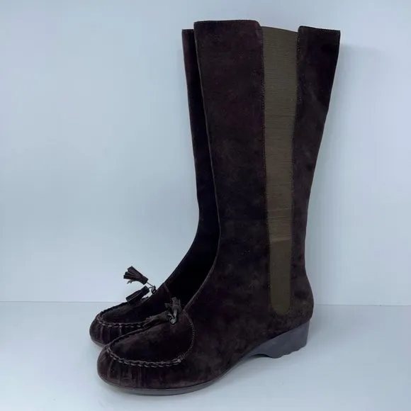 Joy Chen Womens Riding Boots Brown Wedge Heels Mid Calf Moc Toe Pull On 11 M New