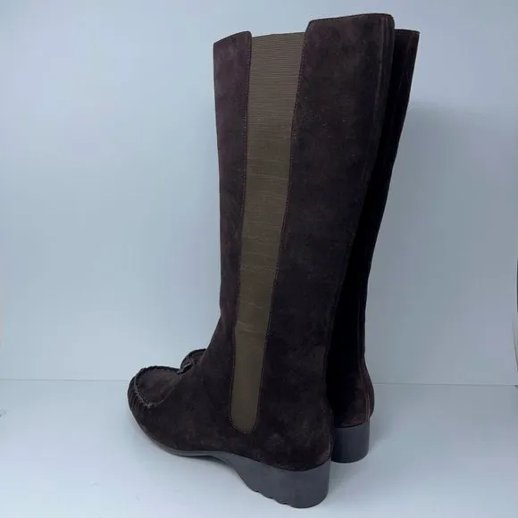 Joy Chen Womens Riding Boots Brown Wedge Heels Mid Calf Moc Toe Pull On 11 M New