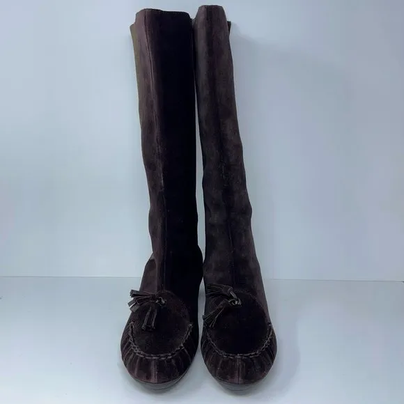 Joy Chen Womens Riding Boots Brown Wedge Heels Mid Calf Moc Toe Pull On 11 M New