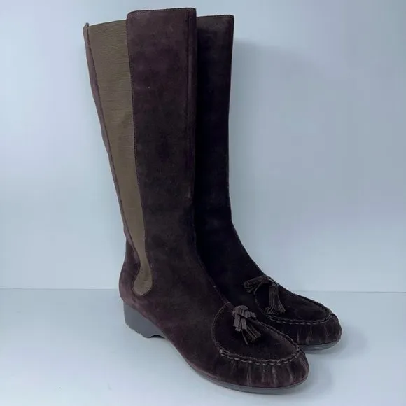 Joy Chen Womens Riding Boots Brown Wedge Heels Mid Calf Moc Toe Pull On 11 M New