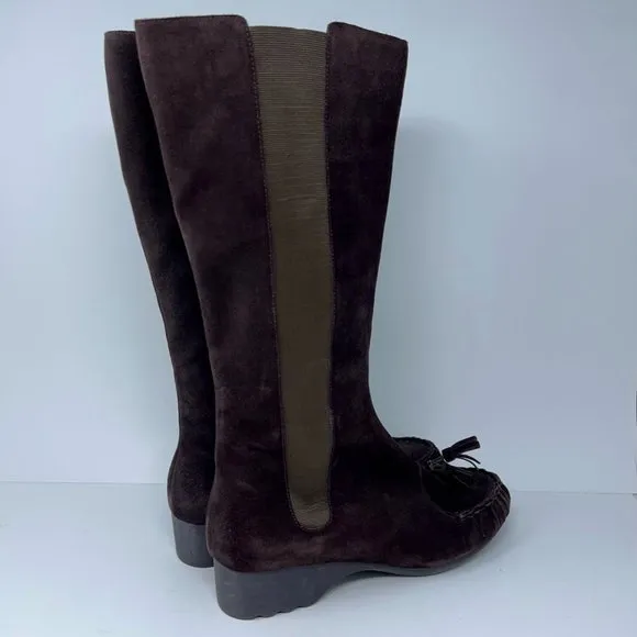 Joy Chen Womens Riding Boots Brown Wedge Heels Mid Calf Moc Toe Pull On 11 M New